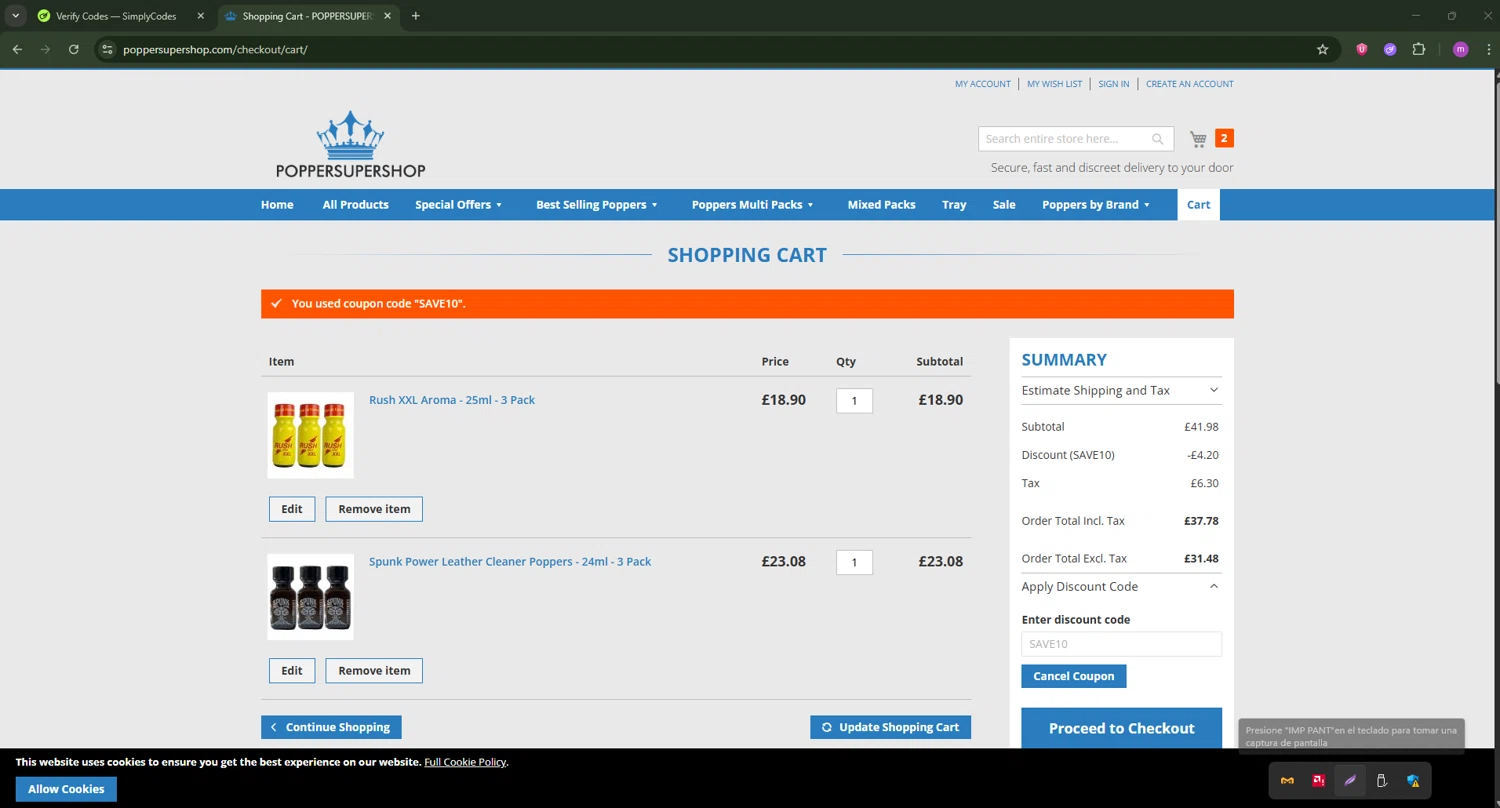Popper Super Shop promo code screenshot showing code SAVE10 applied at Popper Super Shop checkout page. Uploaded by SimplyCodes community member PennyWizard1195 on Jun 11, 2025