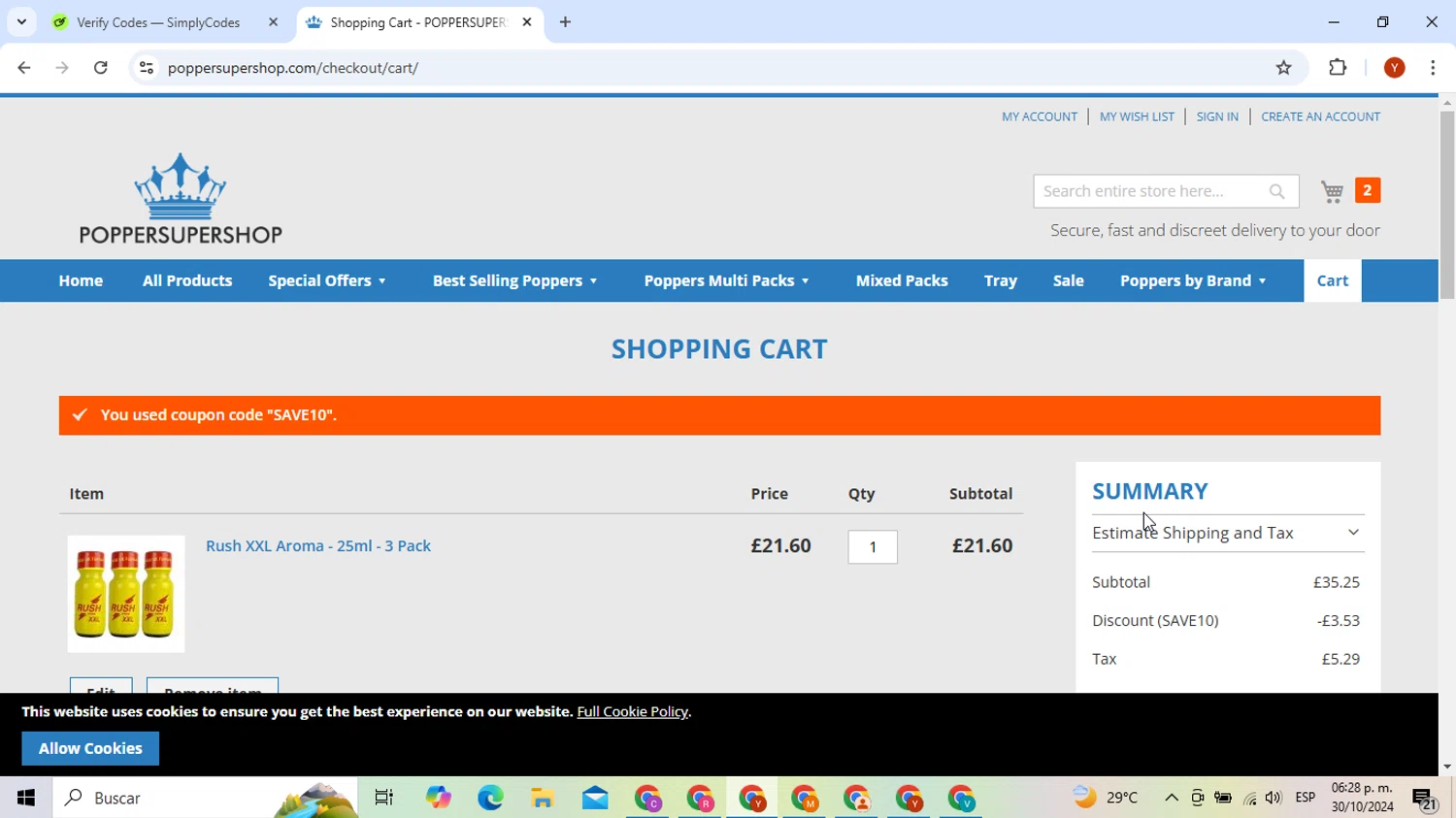 Popper Super Shop checkout page showing Popper Super Shop promo code box | Screenshot taken by SimplyCodes community member on Oct 30, 2024