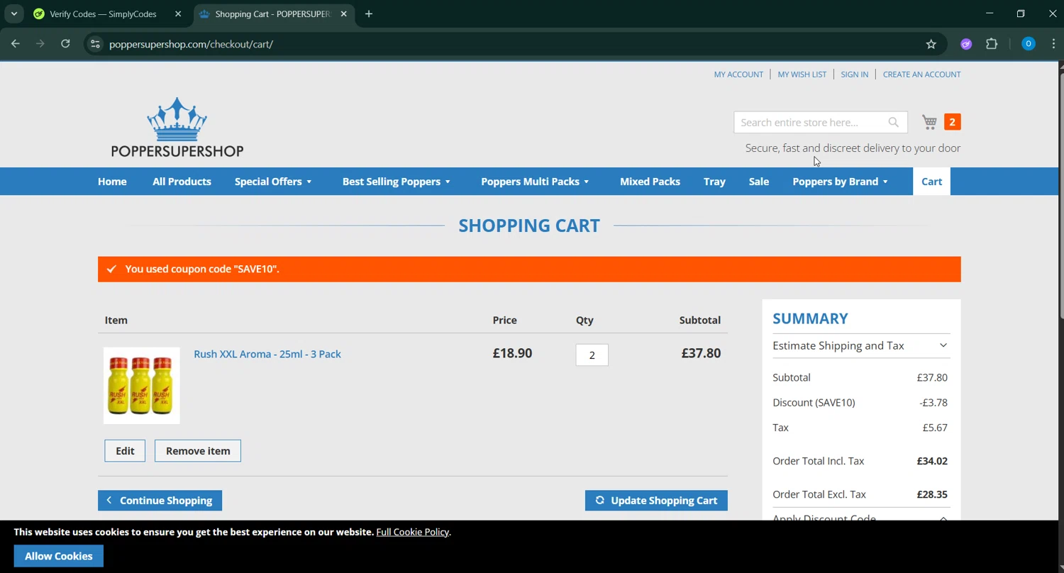 Popper Super Shop promo code screenshot showing code SAVE10 applied at Popper Super Shop checkout page. Uploaded by SimplyCodes community member GoldChaser6627 on May 7, 2025