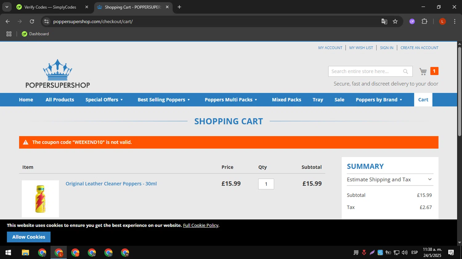 Popper Super Shop promo code screenshot showing code WEEKEND10 applied at Popper Super Shop checkout page. Uploaded by SimplyCodes community member luissdbv1 on May 24, 2025