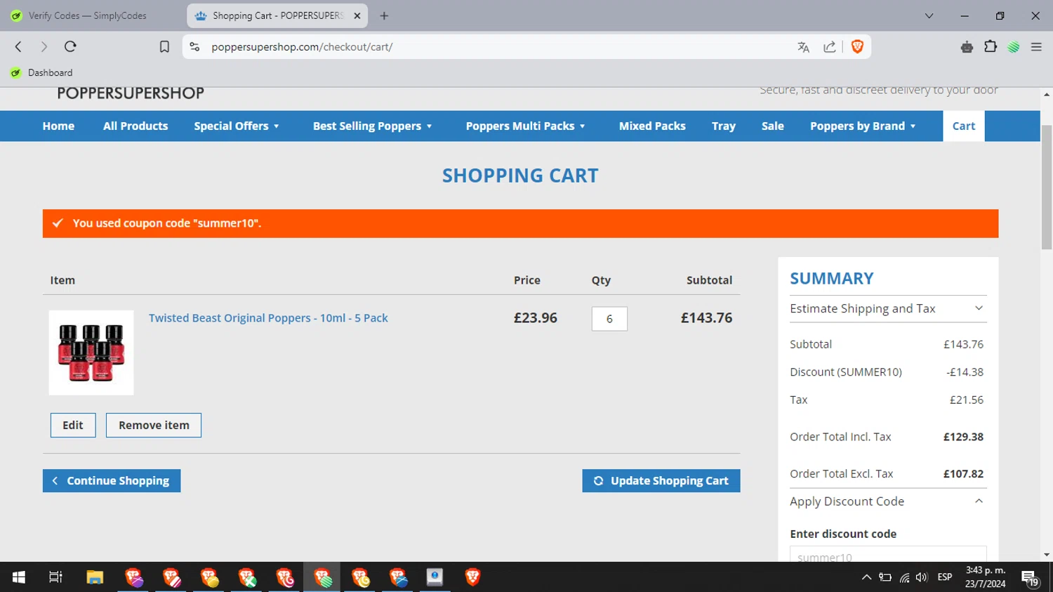 Popper Super Shop checkout page showing Popper Super Shop promo code box | Screenshot taken by SimplyCodes community member on Jul 23, 2024