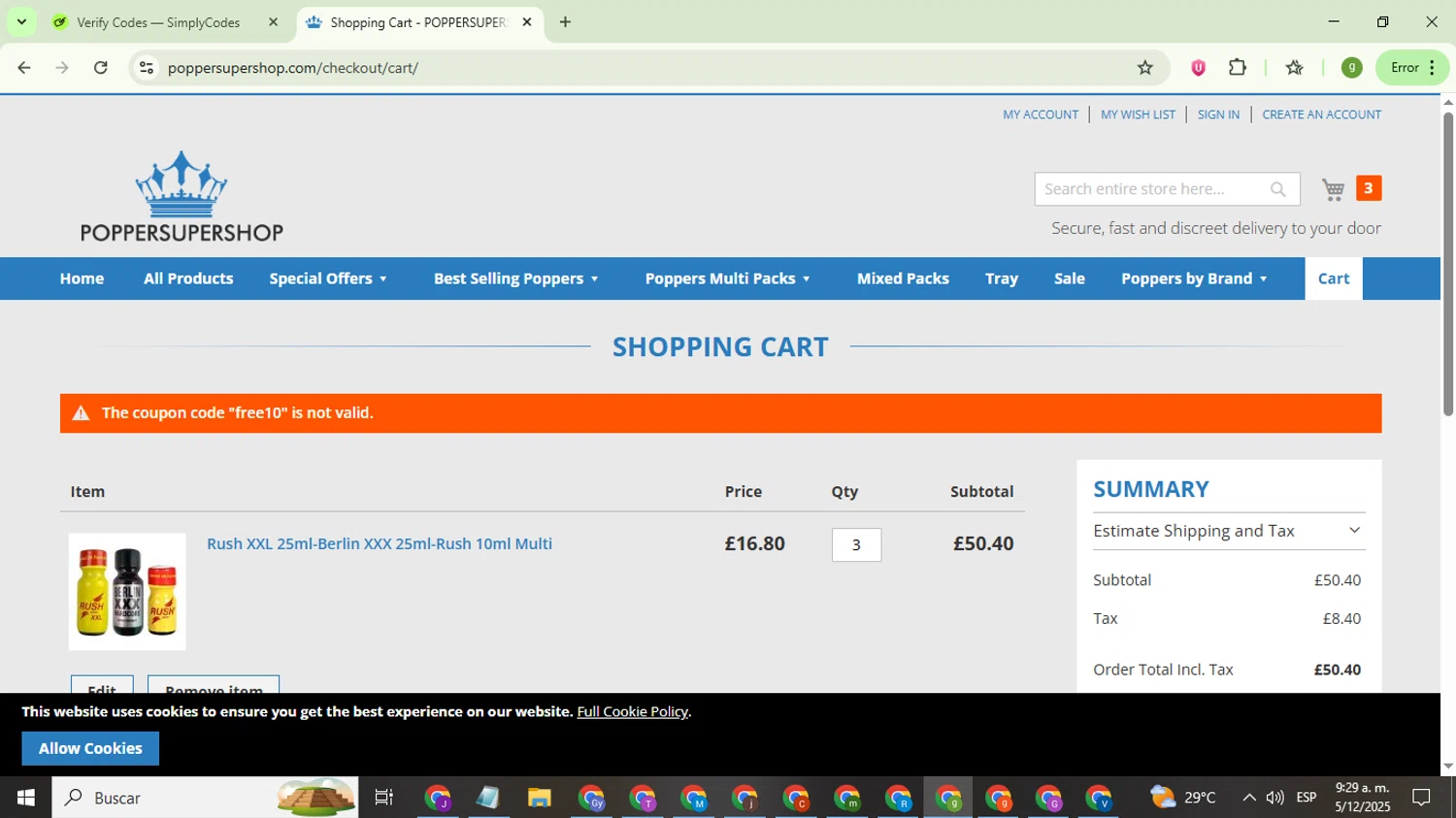 Popper Super Shop promo code screenshot showing code free10 applied at Popper Super Shop checkout page. Uploaded by SimplyCodes community member ValiantMaestro6680 on Dec 5, 2025