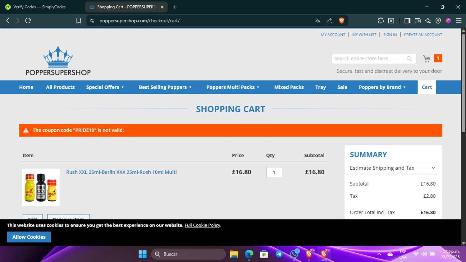 Popper Super Shop promo code screenshot showing code PRIDE10 applied at Popper Super Shop checkout page. Uploaded by SimplyCodes community member Guacamole_Picante on Jul 23, 2025