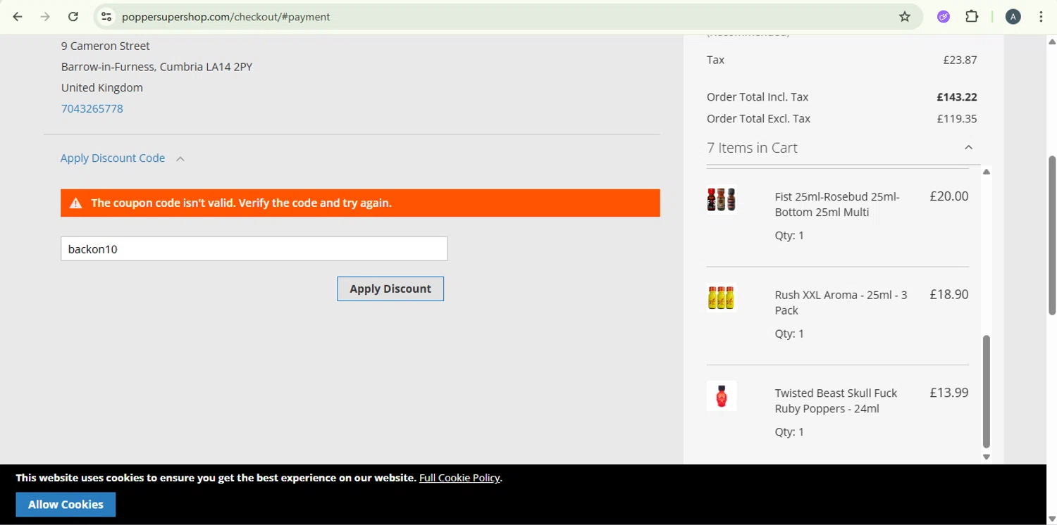 Popper Super Shop promo code screenshot showing code backon10 applied at Popper Super Shop checkout page. Uploaded by SimplyCodes community member SaleSentinel7319 on Oct 4, 2025