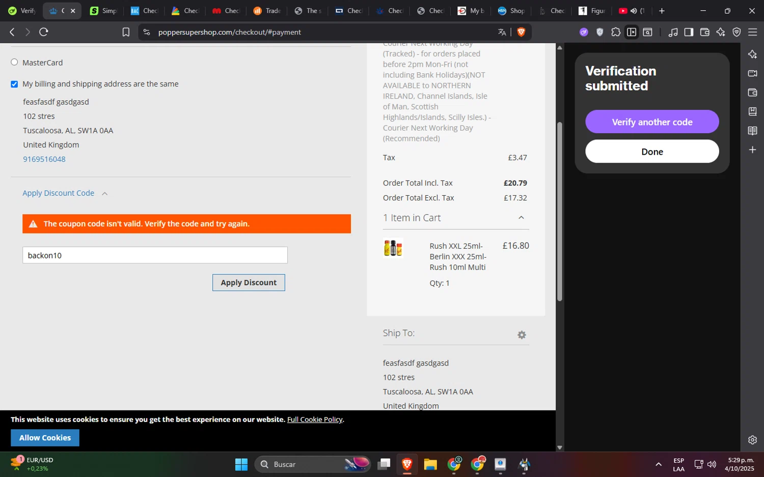 Popper Super Shop promo code screenshot showing code backon10 applied at Popper Super Shop checkout page. Uploaded by SimplyCodes community member SucreX on Oct 4, 2025