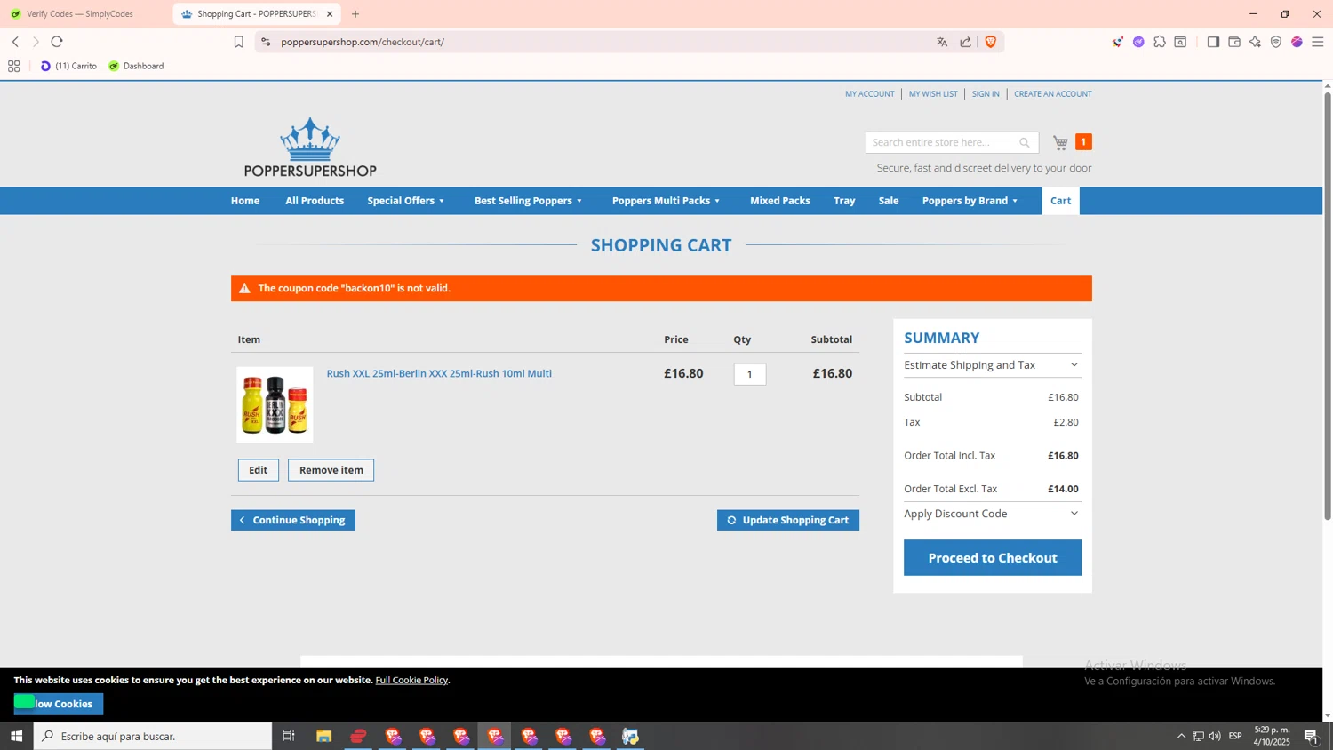 Popper Super Shop promo code screenshot showing code backon10 applied at Popper Super Shop checkout page. Uploaded by SimplyCodes community member 12312121212 on Oct 4, 2025