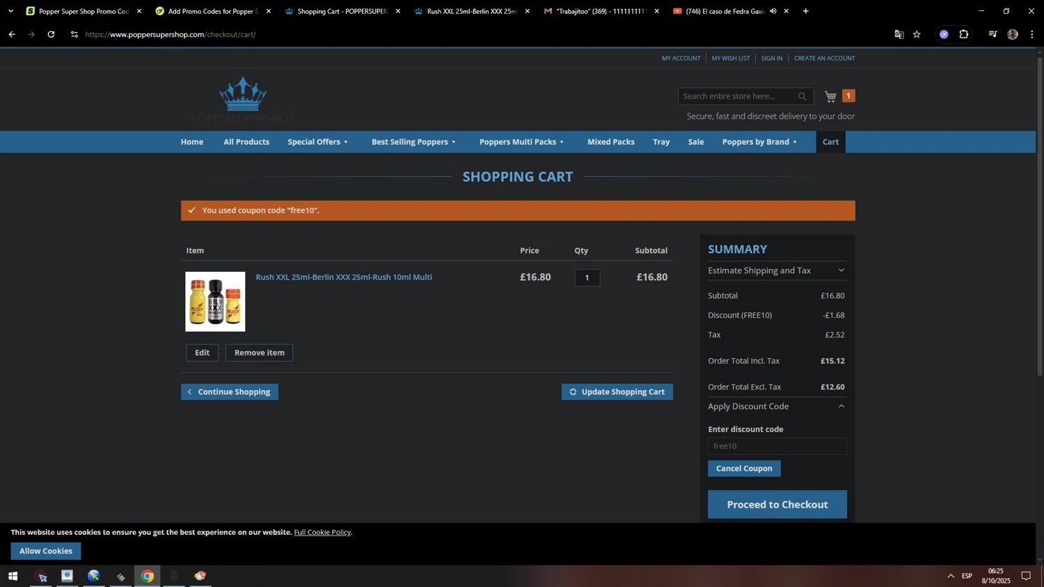 Popper Super Shop promo code screenshot showing code free10 applied at Popper Super Shop checkout page. Uploaded by SimplyCodes community member MarcosAranguren on Oct 8, 2025