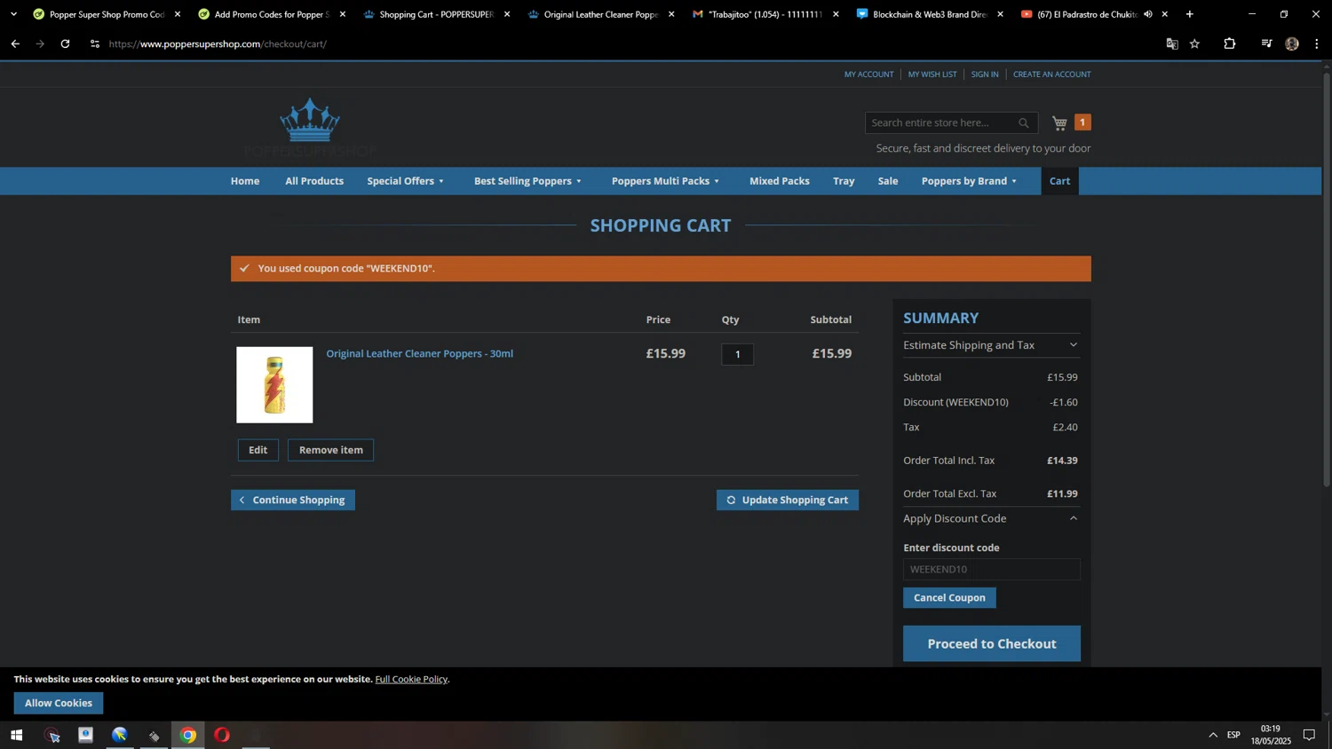 Popper Super Shop promo code screenshot showing code WEEKEND10 applied at Popper Super Shop checkout page. Uploaded by SimplyCodes community member MarcosAranguren on May 18, 2025