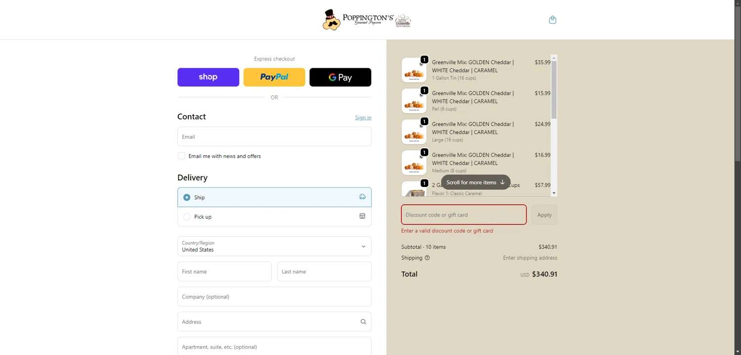 Poppington's Gourmet Popcorn promo code screenshot showing code Winter15 applied at Poppington's Gourmet Popcorn checkout page. Uploaded by SimplyCodes community member connyshan2154 on Feb 7, 2026