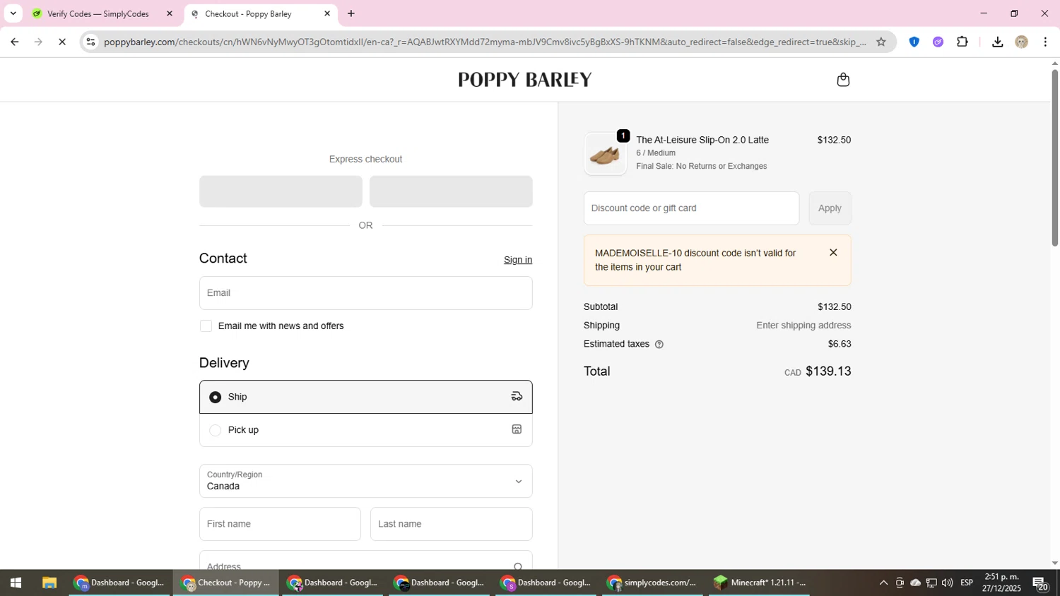 Poppy Barley promo code screenshot showing code mademoiselle-10 applied at Poppy Barley checkout page. Uploaded by SimplyCodes community member NobleScholar4826 on Dec 27, 2025