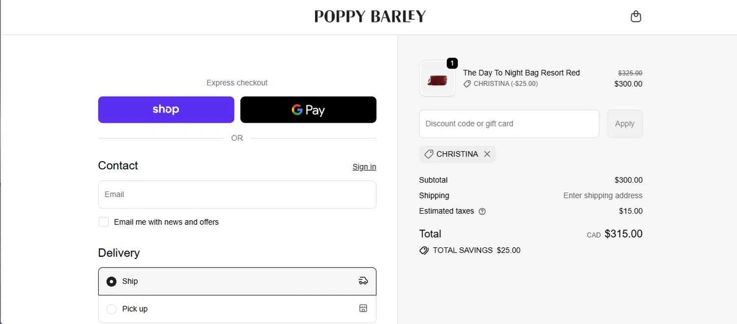 Poppy Barley promo code screenshot showing code CHRISTINA applied at Poppy Barley checkout page. Uploaded by SimplyCodes community member armalissolorzano1 on Dec 23, 2025
