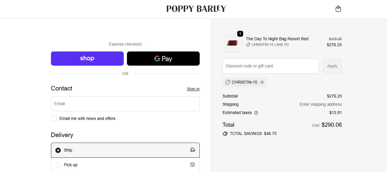 Poppy Barley promo code screenshot showing code CHRISTIN-15 applied at Poppy Barley checkout page. Uploaded by SimplyCodes community member armalissolorzano1 on Dec 23, 2025