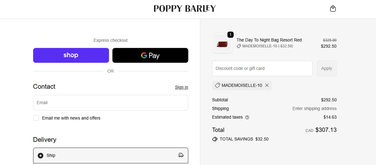 Poppy Barley promo code screenshot showing code mademoiselle-10 applied at Poppy Barley checkout page. Uploaded by SimplyCodes community member armalissolorzano1 on Dec 15, 2025