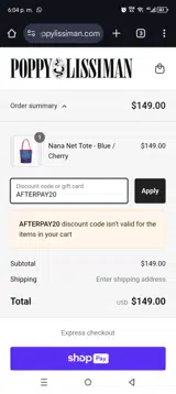 AFTERPAY20 coupon verification screenshot