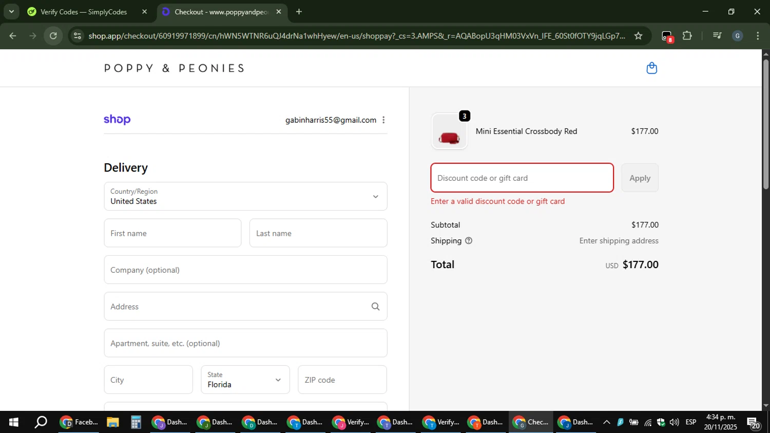 Poppy & Peonies promo code screenshot showing code HELLO15 applied at Poppy & Peonies checkout page. Uploaded by SimplyCodes community member gabinharris55 on Nov 20, 2025