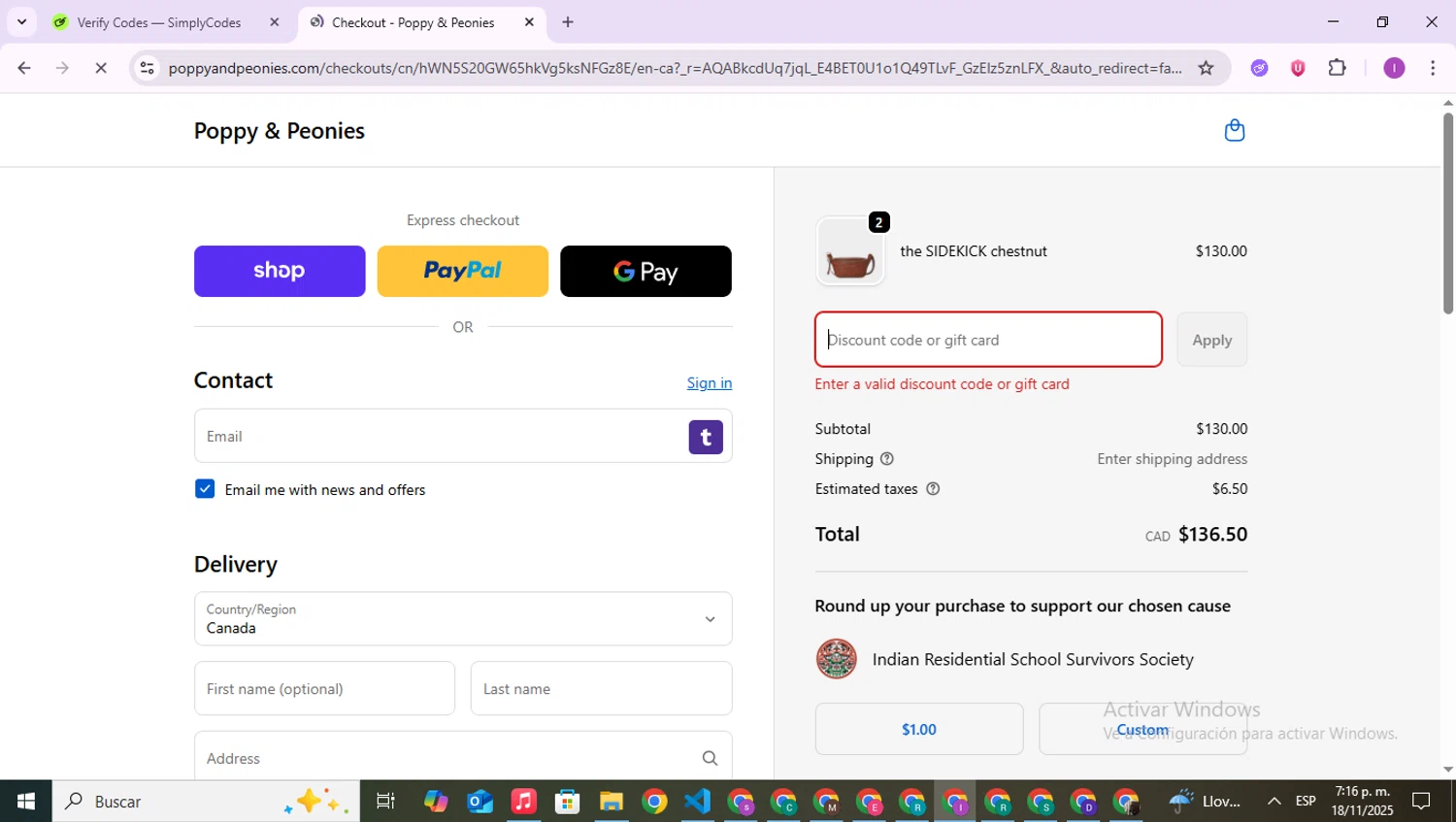 Poppy & Peonies promo code screenshot showing code poppyfam15 applied at Poppy & Peonies checkout page. Uploaded by SimplyCodes community member RebateAce6764 on Nov 18, 2025