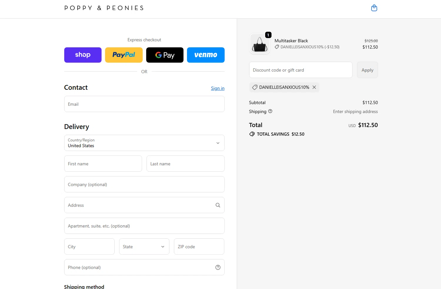 Poppy & Peonies promo code screenshot showing code Danielleisanxious10% applied at Poppy & Peonies checkout page. Uploaded by SimplyCodes community member CashAce9852 on Jan 13, 2026