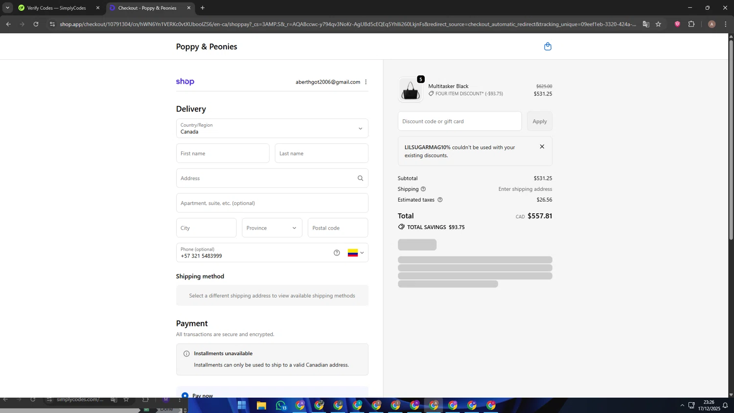 Poppy & Peonies promo code screenshot showing code Lilsugarmag10% applied at Poppy & Peonies checkout page. Uploaded by SimplyCodes community member SwiftSage2309 on Dec 18, 2025