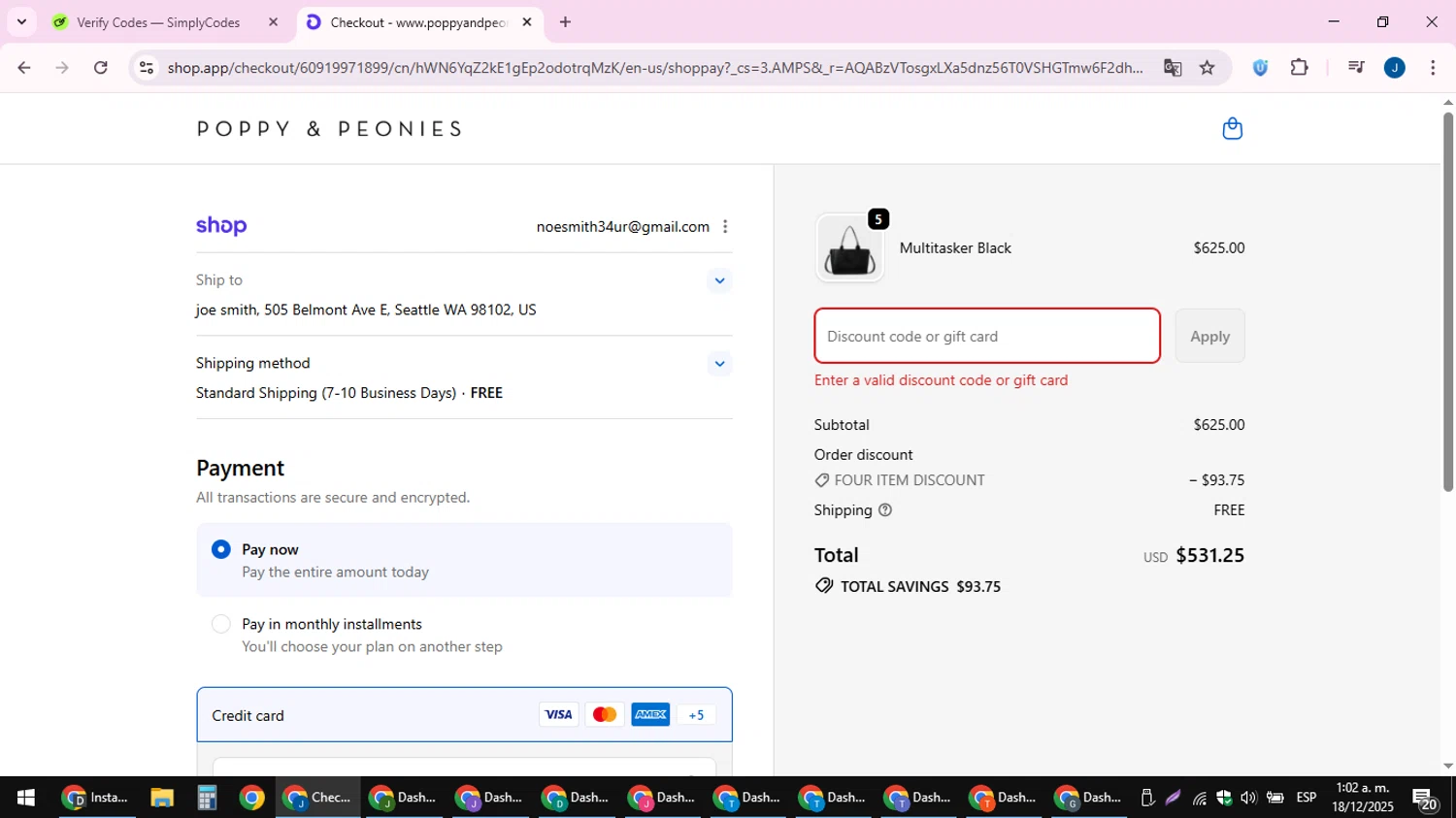 Poppy & Peonies promo code screenshot showing code Lilsugarmag10% applied at Poppy & Peonies checkout page. Uploaded by SimplyCodes community member noesmith34ur on Dec 18, 2025