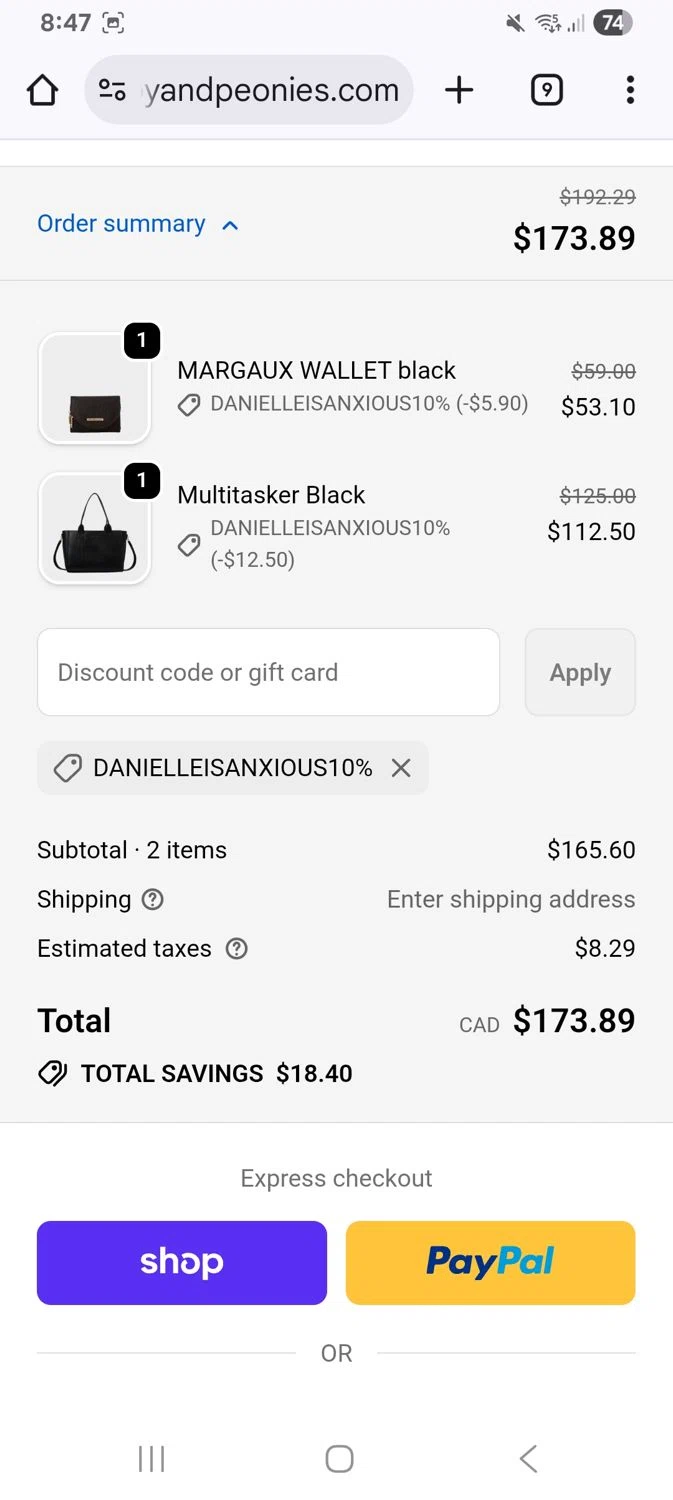 Poppy & Peonies promo code screenshot showing code Danielleisanxious10% applied at Poppy & Peonies checkout page. Uploaded by SimplyCodes community member KarinaHZ on Dec 3, 2025