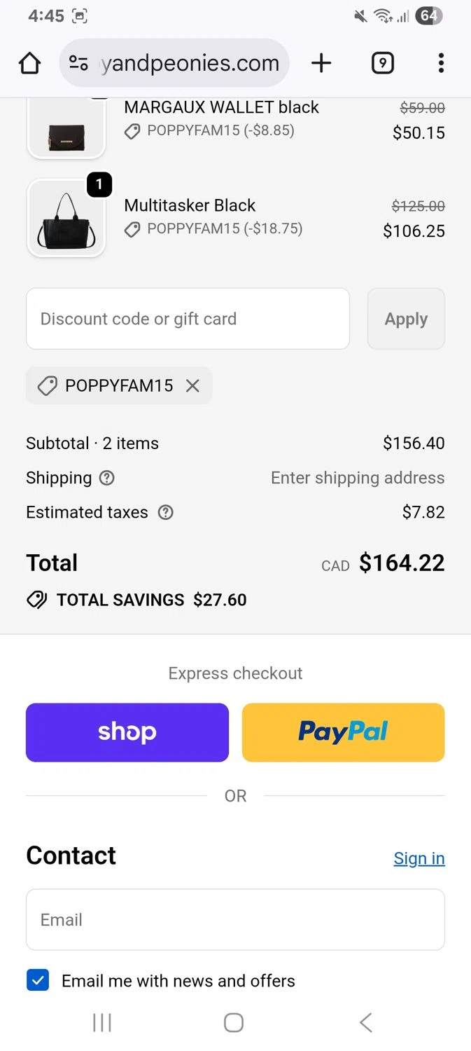 Poppy & Peonies promo code screenshot showing code Poppyfam15 applied at Poppy & Peonies checkout page. Uploaded by SimplyCodes community member KarinaHZ on Dec 3, 2025