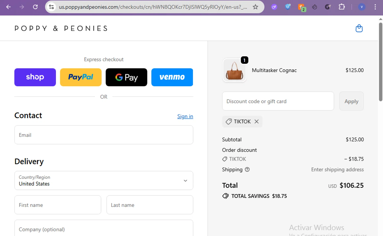 Poppy & Peonies promo code screenshot showing code TIKTOK applied at Poppy & Peonies checkout page. Uploaded by SimplyCodes community member beatrizcastillo on Feb 5, 2026