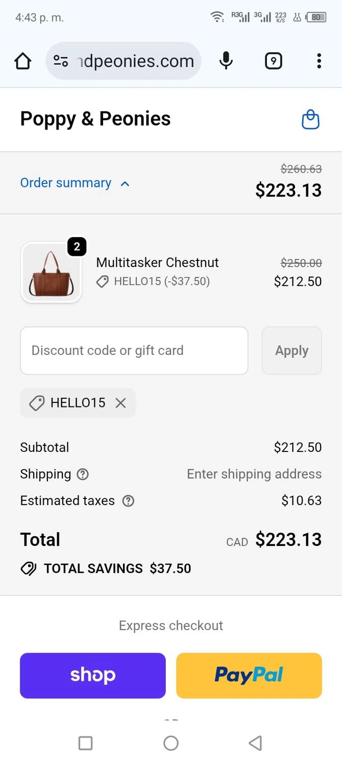 Poppy & Peonies promo code screenshot showing code Hello15 applied at Poppy & Peonies checkout page. Uploaded by SimplyCodes community member shark12 on Dec 3, 2025
