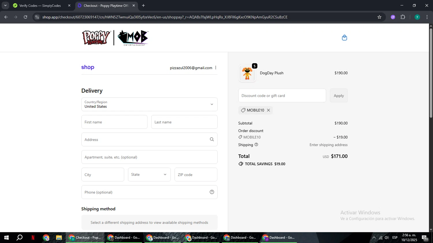 Playtime Co Shop promo code screenshot showing code MOBILE10 applied at Playtime Co Shop checkout page. Uploaded by SimplyCodes community member FrugalCaptain6906 on Dec 10, 2025