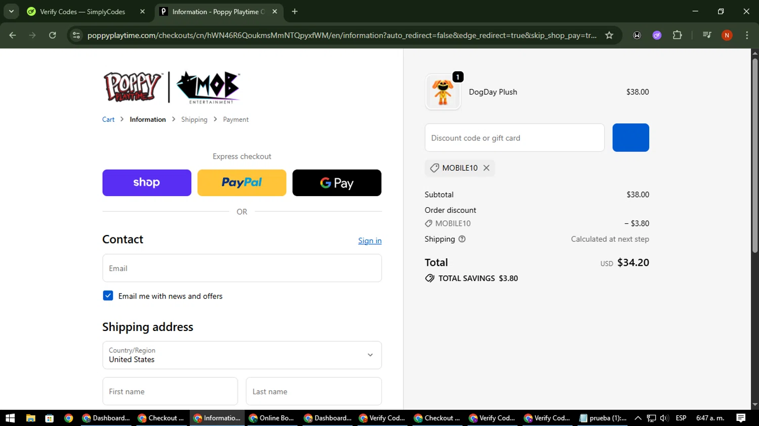 Playtime Co Shop promo code screenshot showing code MOBILE10 applied at Playtime Co Shop checkout page. Uploaded by SimplyCodes community member MagnificentScout194 on Oct 14, 2025