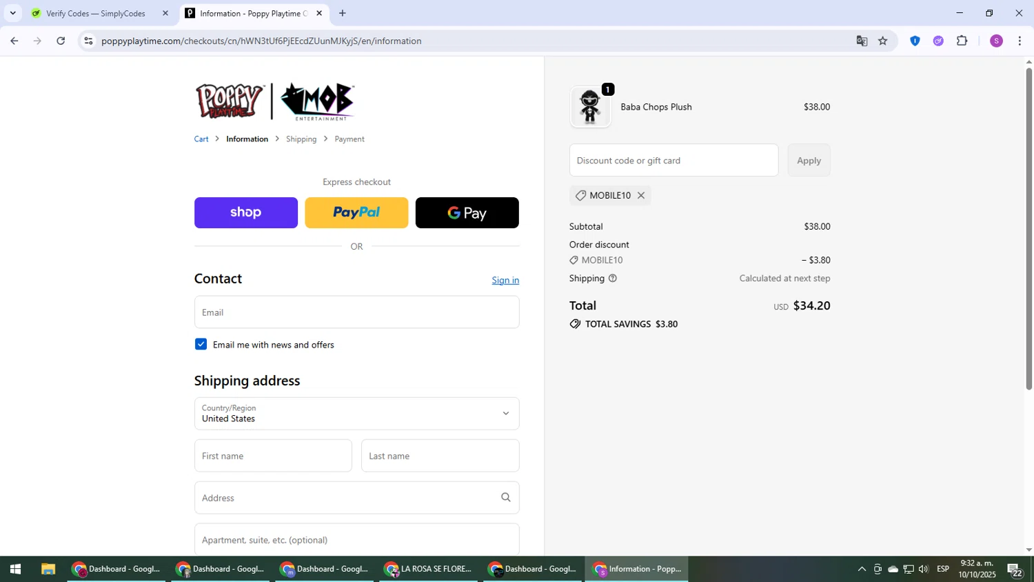 Playtime Co Shop promo code screenshot showing code MOBILE10 applied at Playtime Co Shop checkout page. Uploaded by SimplyCodes community member Son_Goku on Oct 10, 2025