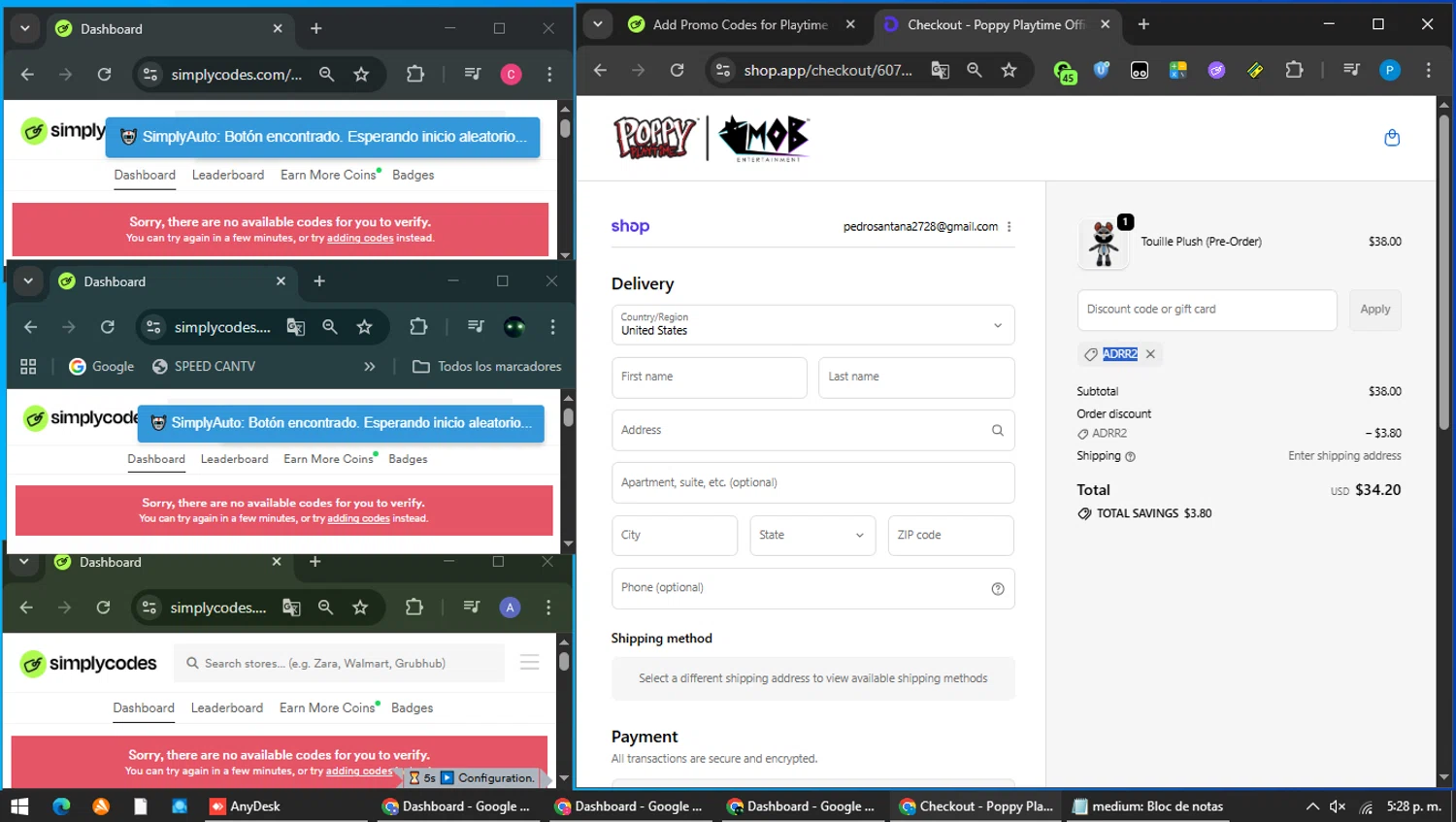 Playtime Co Shop promo code screenshot showing code ADRR2 applied at Playtime Co Shop checkout page. Uploaded by SimplyCodes community member MAVESA on Feb 18, 2026
