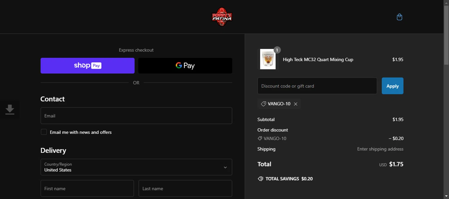 Poppy's Patina discount code screenshot showing code VANGO-10 applied at Poppy's Patina checkout page. Uploaded by SimplyCodes community member 111111 on Feb 12, 2025