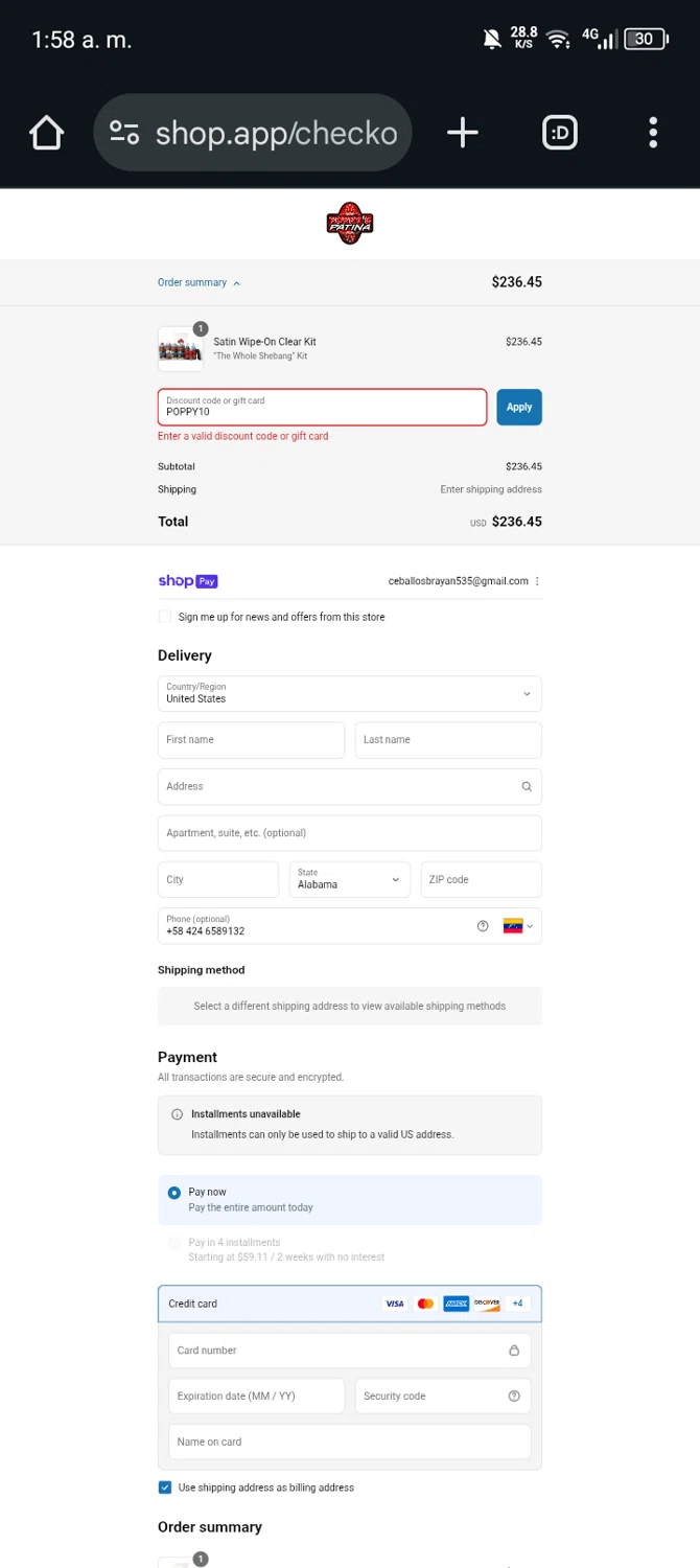 Poppy's Patina discount code screenshot showing code POPPY10 applied at Poppy's Patina checkout page. Uploaded by SimplyCodes community member Ryan_Garcia on Aug 1, 2025