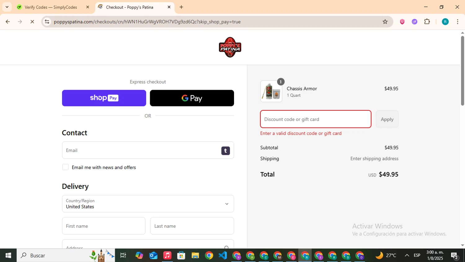 Poppy's Patina discount code screenshot showing code POPPY10 applied at Poppy's Patina checkout page. Uploaded by SimplyCodes community member BudgetHero4407 on Aug 1, 2025