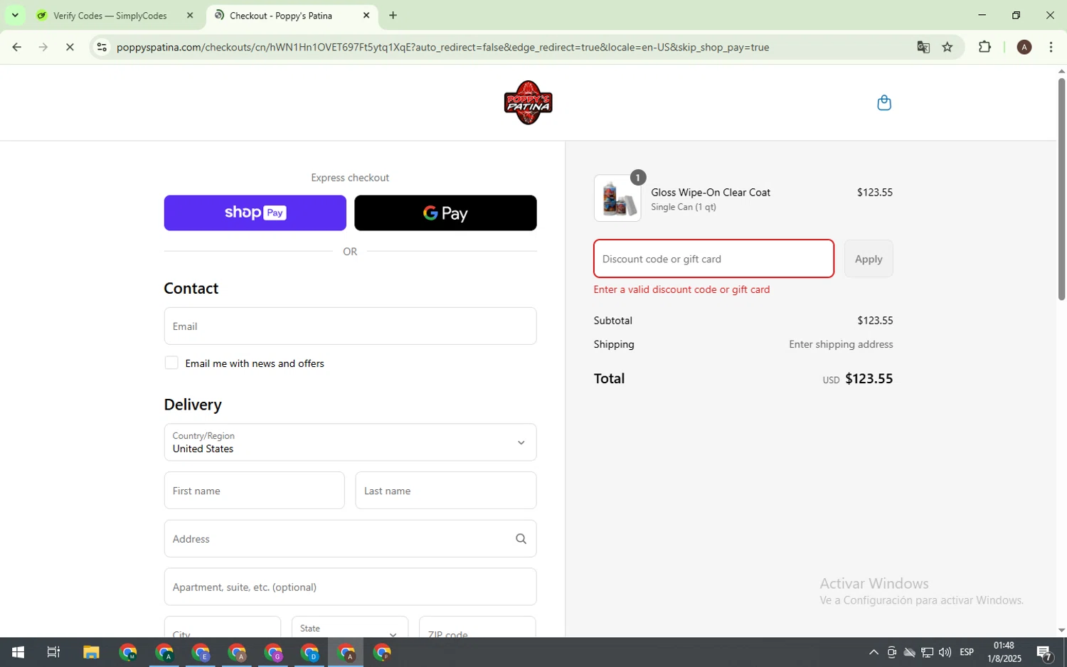 Poppy's Patina discount code screenshot showing code POPPY10 applied at Poppy's Patina checkout page. Uploaded by SimplyCodes community member PromoVoyager9092 on Aug 1, 2025