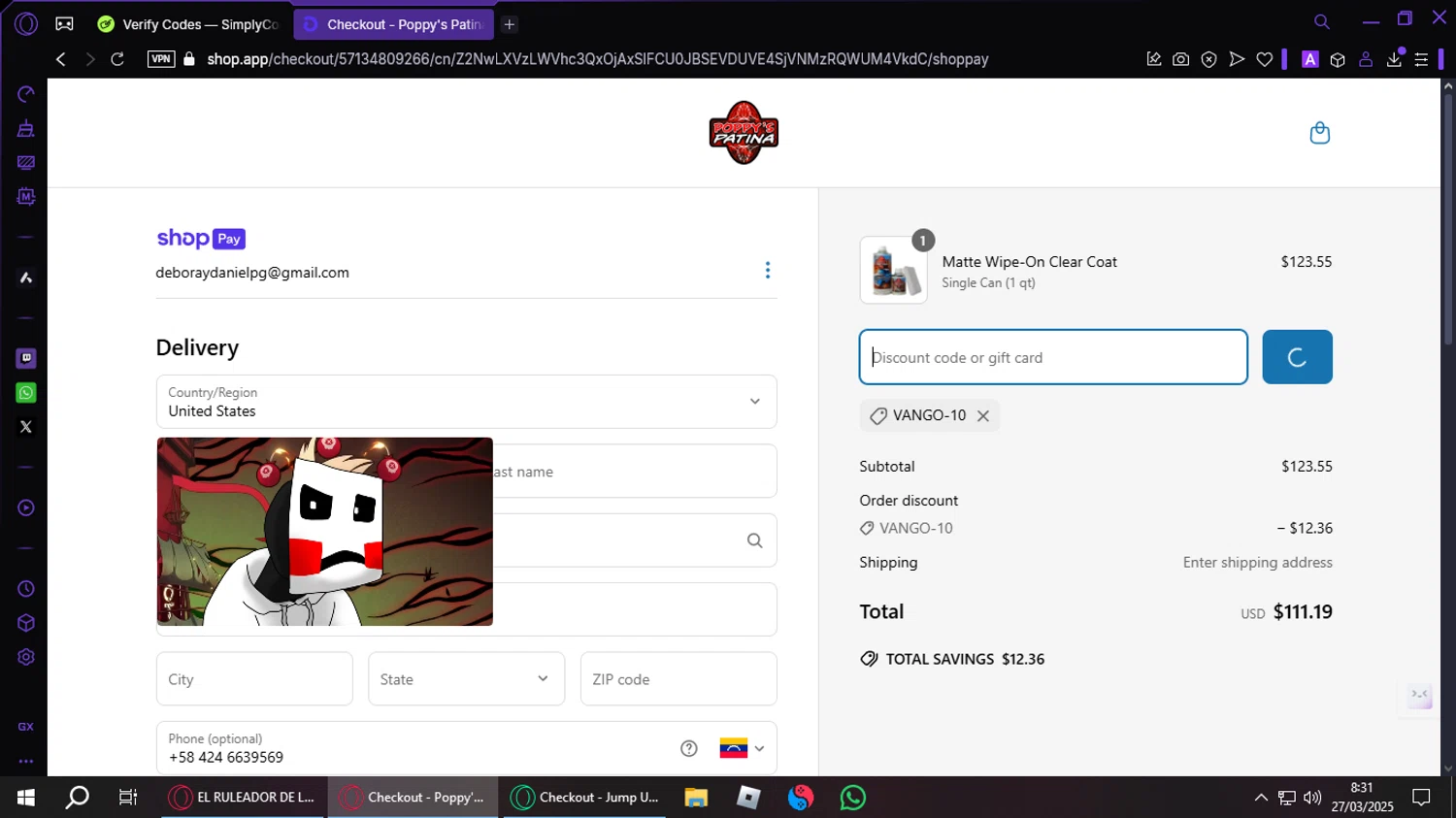 Poppy's Patina discount code screenshot showing code VANGO-10 applied at Poppy's Patina checkout page. Uploaded by SimplyCodes community member Luthermaxu on Mar 27, 2025