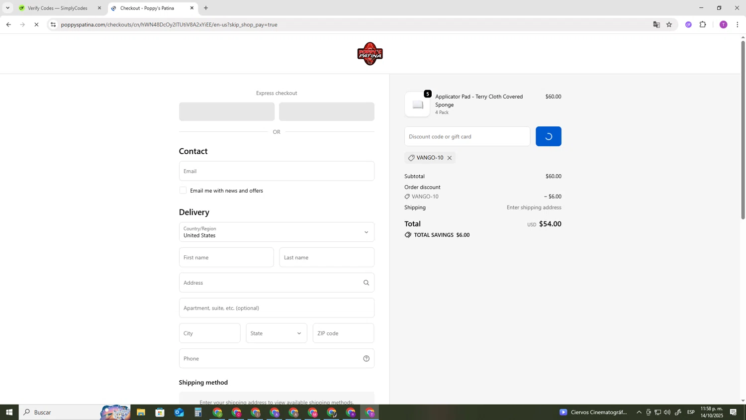 Poppy's Patina discount code screenshot showing code VANGO-10 applied at Poppy's Patina checkout page. Uploaded by SimplyCodes community member ShrewdSleuth9497 on Oct 15, 2025
