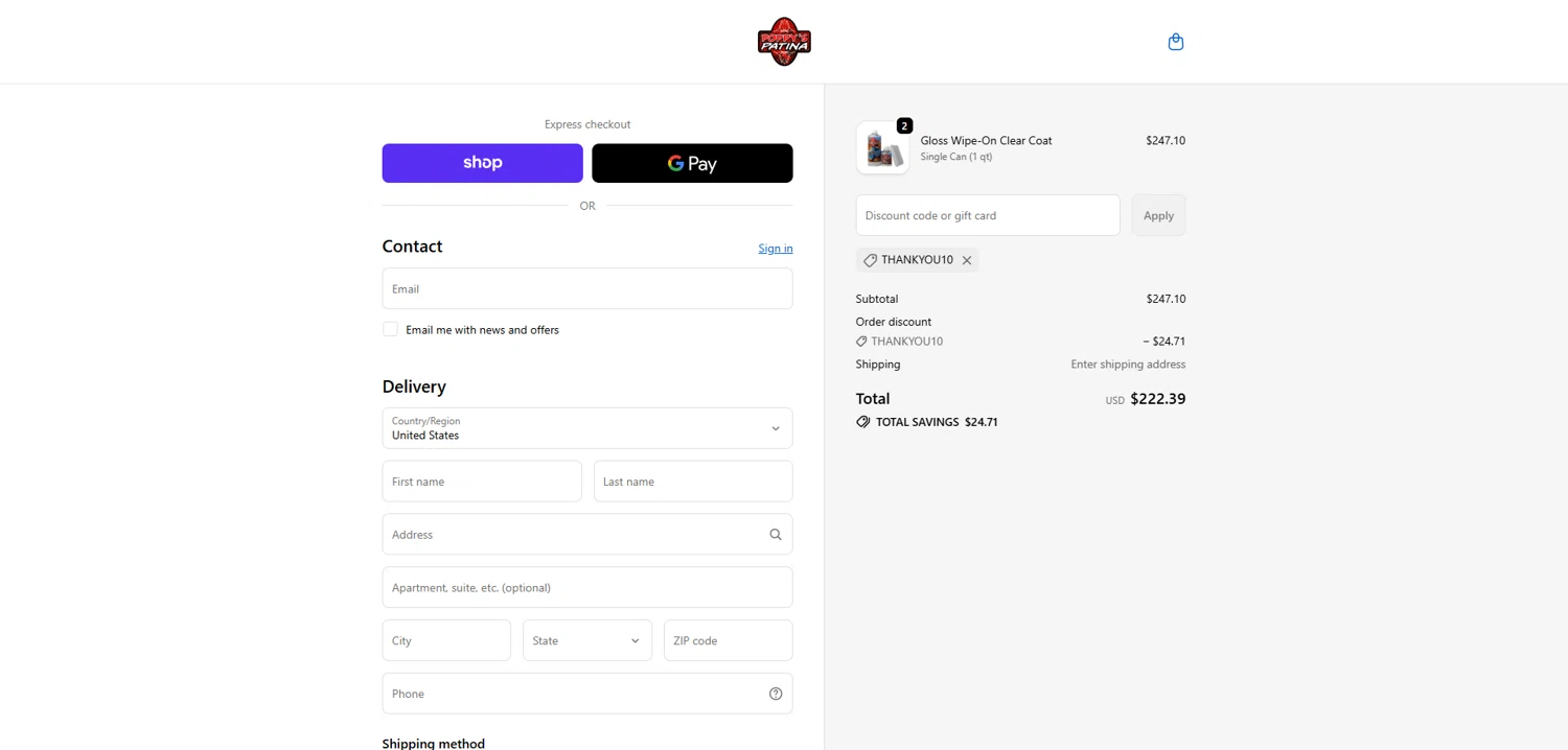 Poppy's Patina discount code screenshot showing code THANKYOU10 applied at Poppy's Patina checkout page. Uploaded by SimplyCodes community member Dorothy on Nov 4, 2025