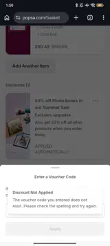 Popsa US coupon verification screenshot