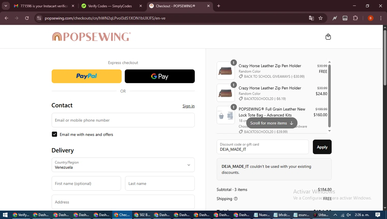 POPSEWING discount code screenshot showing code DEJA_MADE_IT applied at POPSEWING checkout page. Uploaded by SimplyCodes community member DiscountExpert6435 on Sep 11, 2025