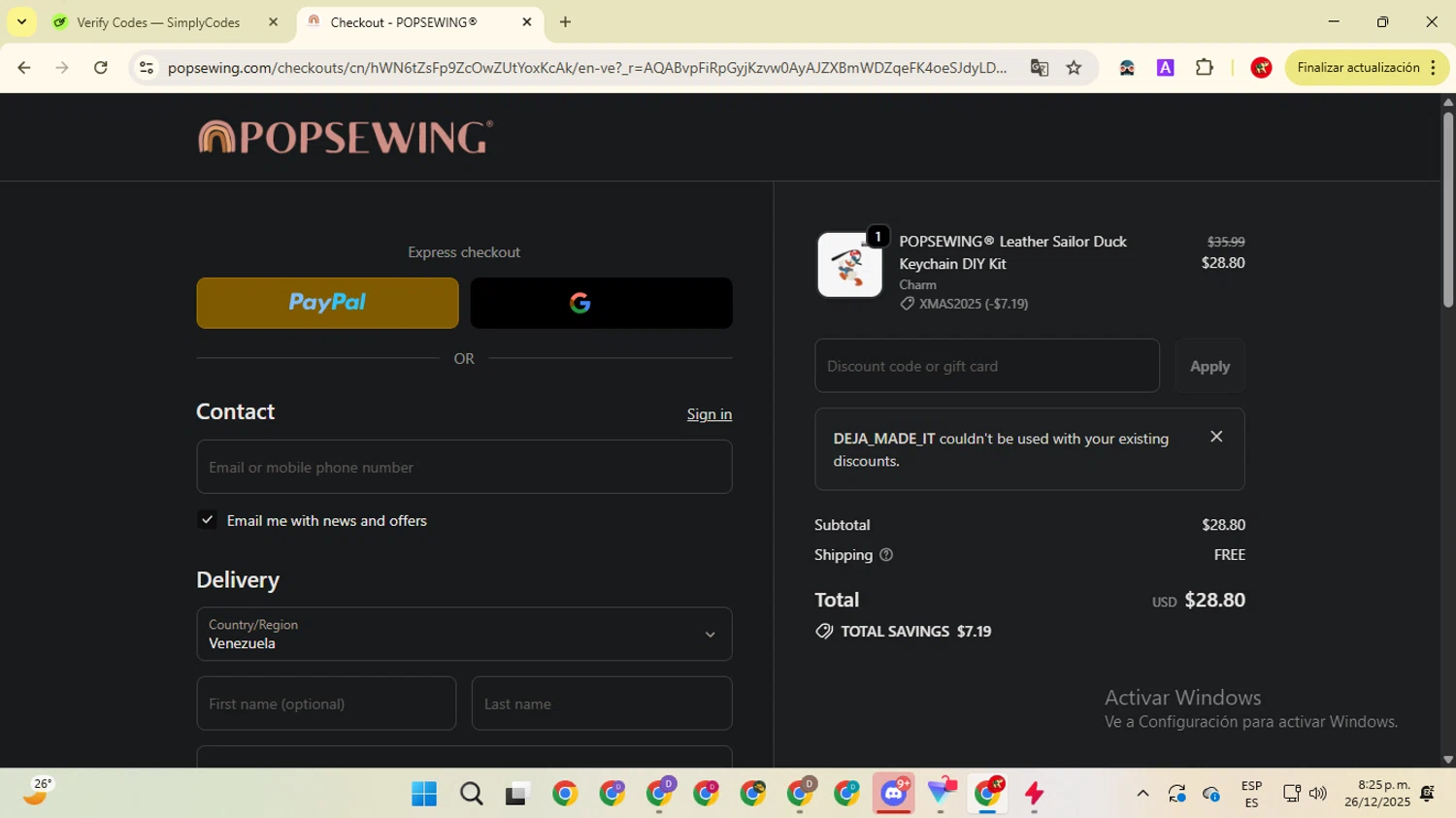 POPSEWING discount code screenshot showing code DEJA_MADE_IT applied at POPSEWING checkout page. Uploaded by SimplyCodes community member ShrewdCaptain2457 on Dec 27, 2025