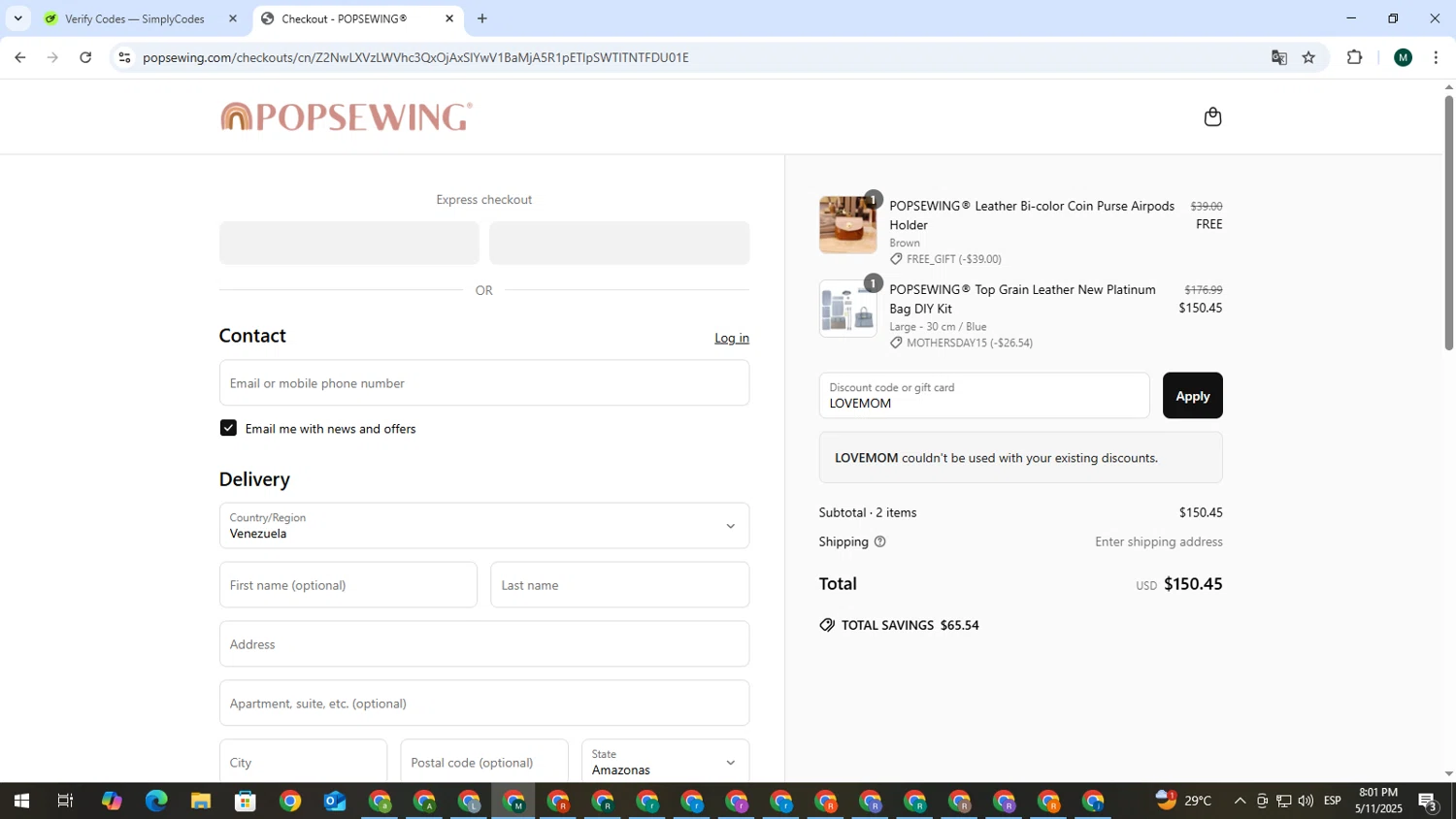 POPSEWING discount code screenshot showing code LOVEMOM applied at POPSEWING checkout page. Uploaded by SimplyCodes community member MDLECHUZA on May 12, 2025