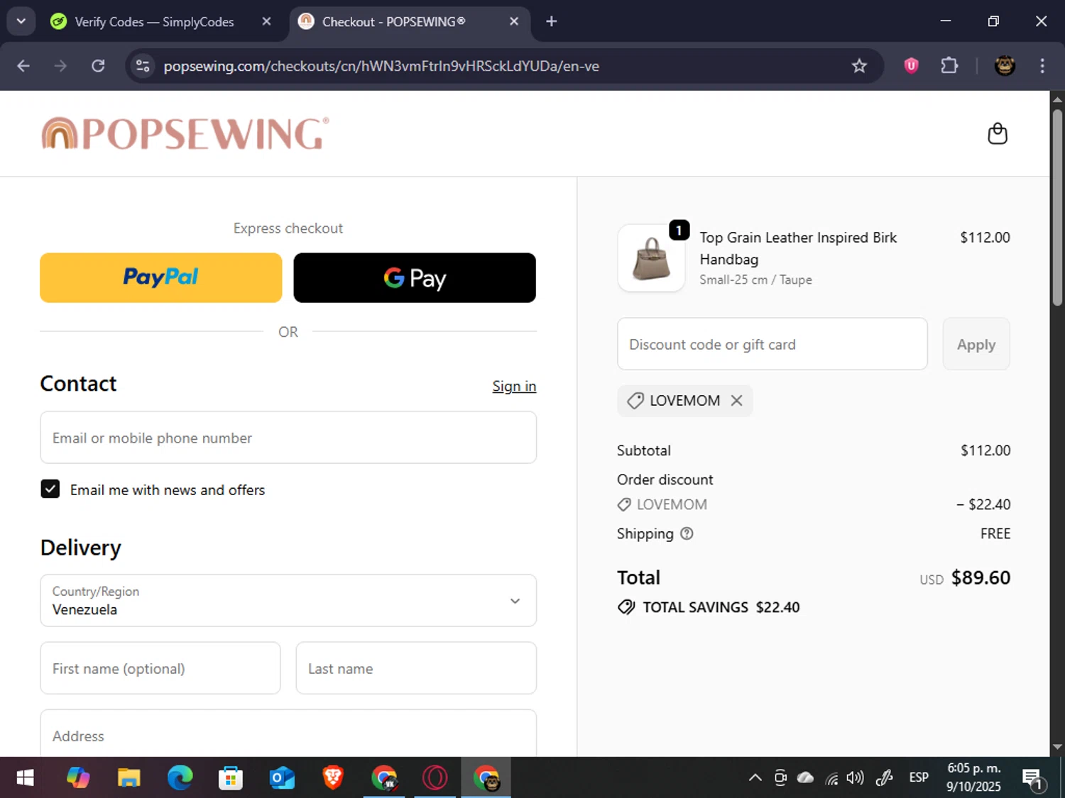 POPSEWING discount code screenshot showing code LOVEMOM applied at POPSEWING checkout page. Uploaded by SimplyCodes community member abrahanv on Oct 9, 2025