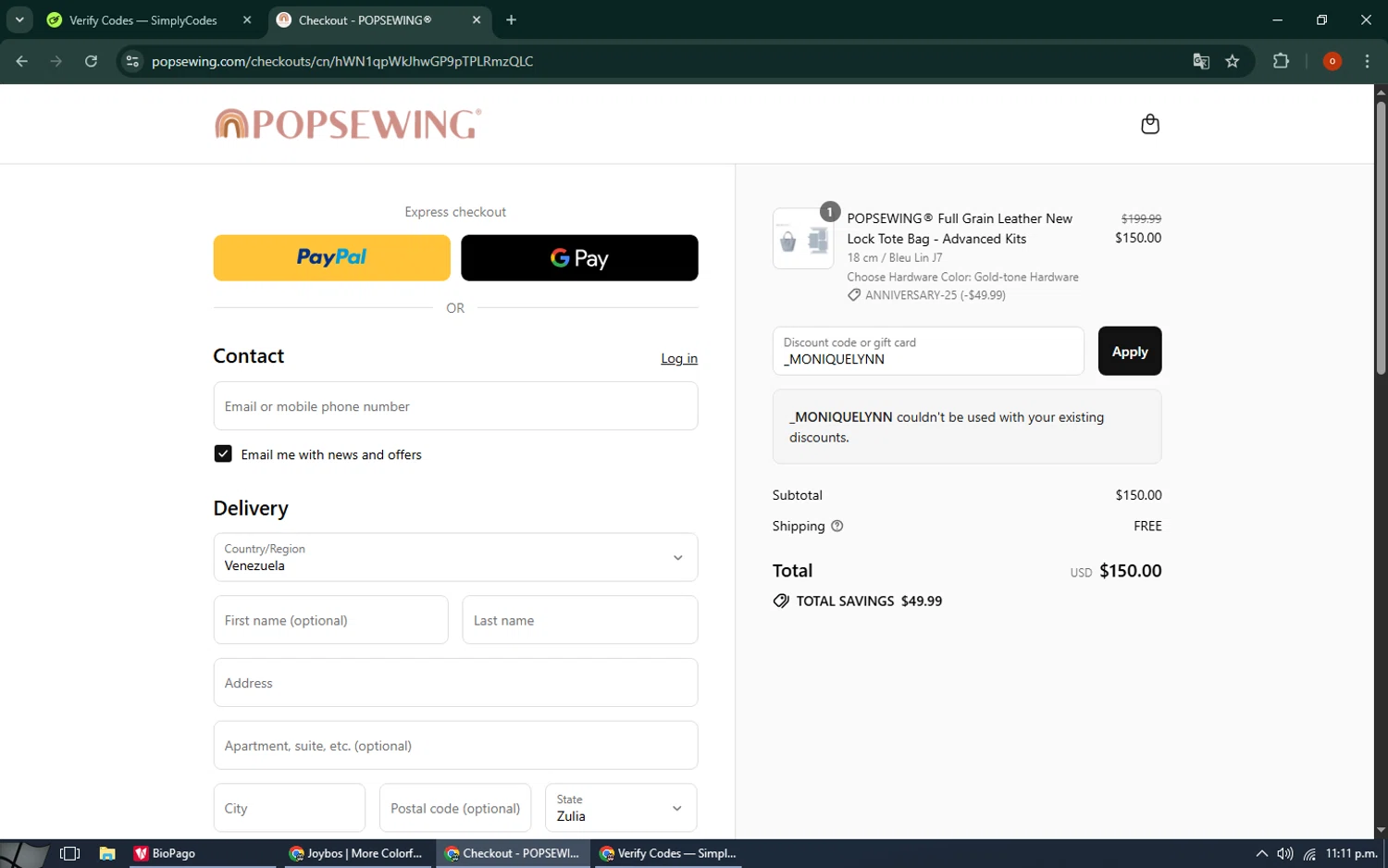 POPSEWING discount code screenshot showing code _MONIQUELYNN applied at POPSEWING checkout page. Uploaded by SimplyCodes community member CashAdmiral6490 on Aug 16, 2025