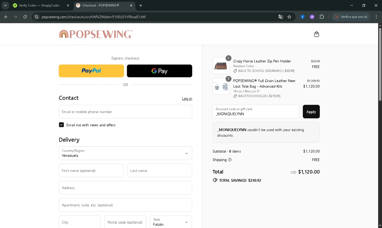 POPSEWING discount code screenshot showing code _MONIQUELYNN applied at POPSEWING checkout page. Uploaded by SimplyCodes community member usenamee on Sep 2, 2025
