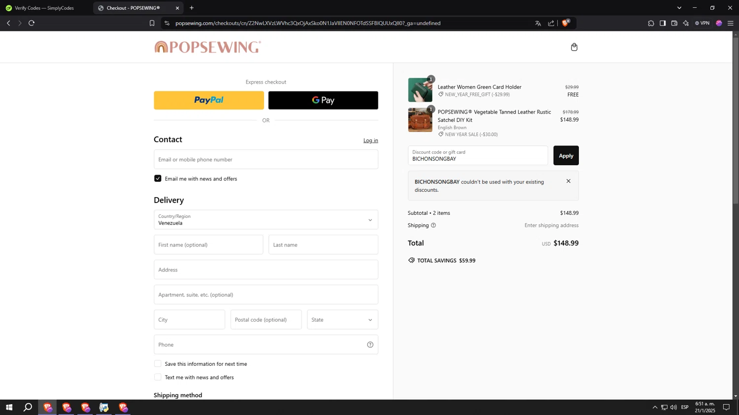 POPSEWING discount code screenshot showing code BICHONSONGBAY applied at POPSEWING checkout page. Uploaded by SimplyCodes community member Negriao on Jan 21, 2025