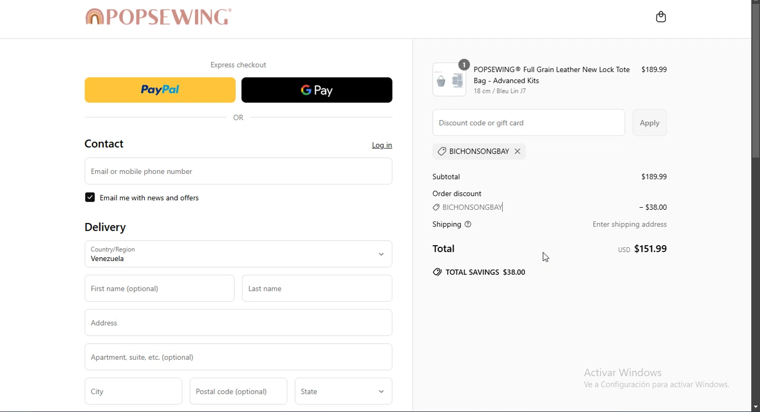 POPSEWING discount code screenshot showing code BICHONSONGBAY applied at POPSEWING checkout page. Uploaded by SimplyCodes community member MoneyEagle4780 on Apr 3, 2025