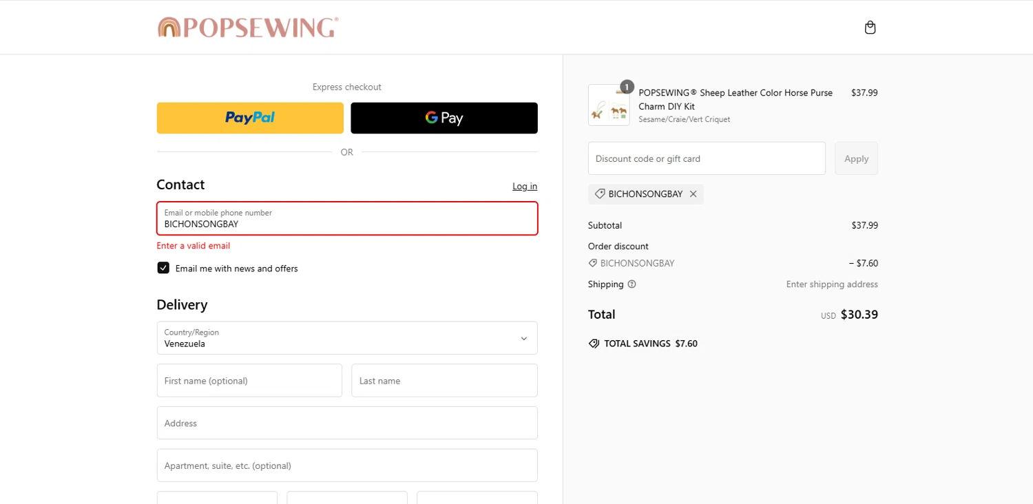 POPSEWING discount code screenshot showing code BICHONSONGBAY applied at POPSEWING checkout page. Uploaded by SimplyCodes community member dimitriv on Feb 19, 2025