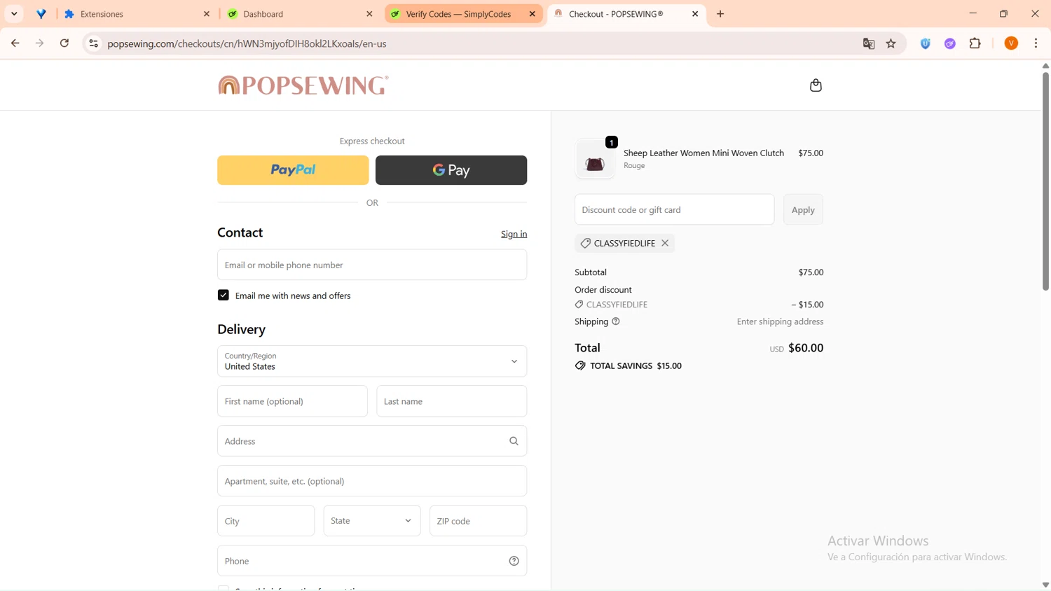 POPSEWING discount code screenshot showing code CLASSYFIEDLIFE applied at POPSEWING checkout page. Uploaded by SimplyCodes community member FortunateFinder9465 on Oct 6, 2025