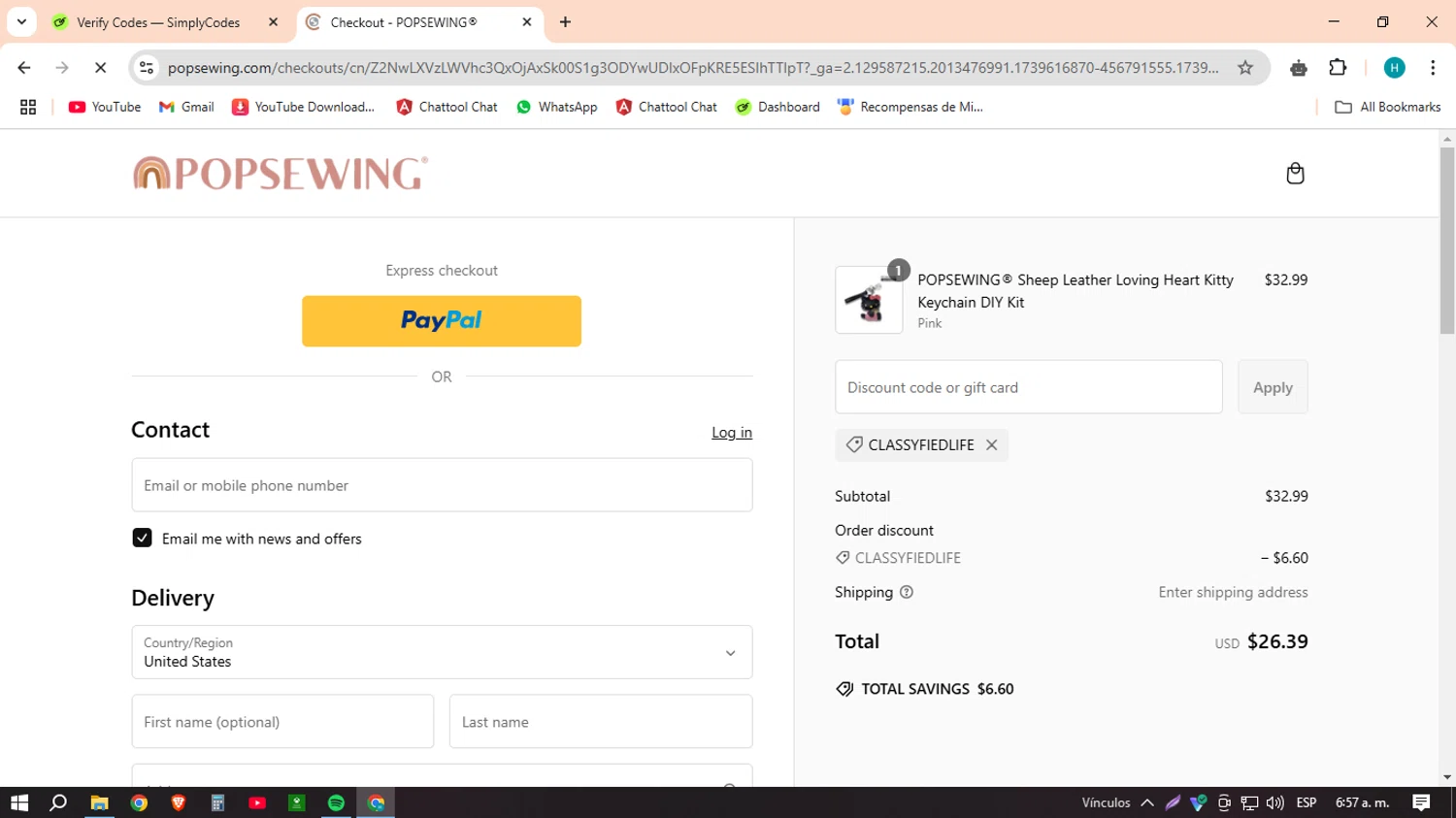 POPSEWING discount code screenshot showing code CLASSYFIEDLIFE applied at POPSEWING checkout page. Uploaded by SimplyCodes community member MACHINEv1 on Feb 15, 2025